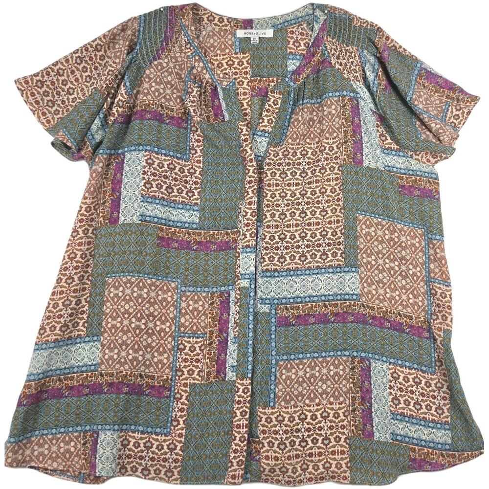 Rose + Olive Plus 2X Smocked Neck Blouse Top Popover Cottagecore Tunic Patchwork